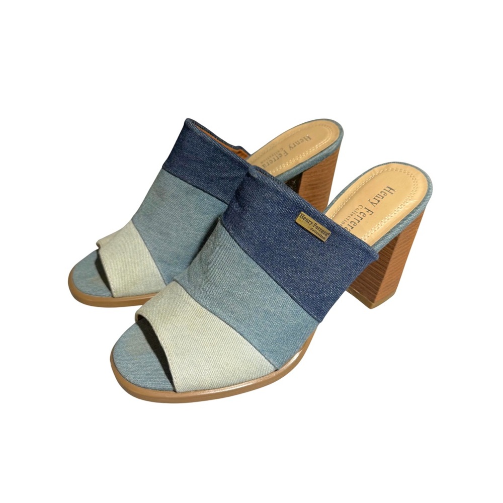 Henry Ferrera Blue Denim Colorblock Open-Toe Mule Heels Size 7 Vacation Summer